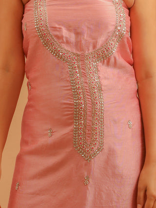 Pink Khadi Silk Kurta with Hand Aari Work, Santoon Lower & Banarasi Upada Dupatta