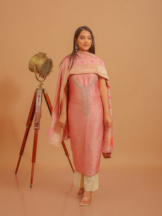 Pink Khadi Silk Kurta with Hand Aari Work, Santoon Lower & Banarasi Upada Dupatta