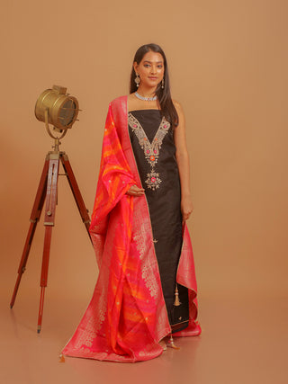 Black Khadi Silk Kurta with Hand Aari Work, Santoon Lower & Banarasi Upada Dupatta