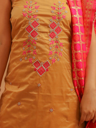 Golden-Beige Bangalore Silk Kurta with Hand Aari Work, Fuchsia Bottom & Banarasi Dupatta