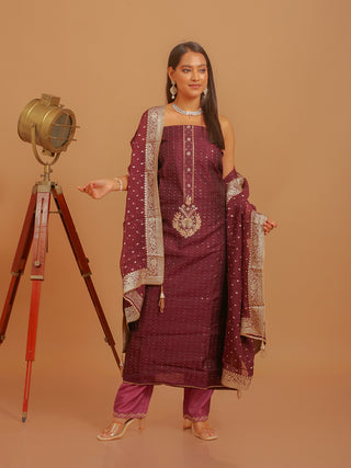 Burgundy Chanderi Silk Kurta with Hand Aari Work, Santoon Bottom & Semi-Georgette Dupatta with Lace Detailing