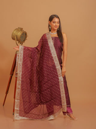 Burgundy Chanderi Silk Kurta with Hand Aari Work, Santoon Bottom & Semi-Georgette Dupatta with Lace Detailing