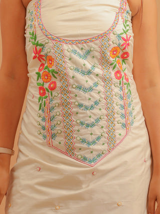Off-White Bangalore Silk Kurta with Hand Aari Work, Fuchsia Bottom & Yellow Banarasi Patola Dupatta