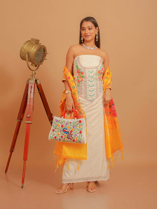 Off-White Bangalore Silk Kurta with Hand Aari Work, Fuchsia Bottom & Yellow Banarasi Patola Dupatta