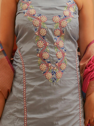 Bluish Grey Bangalore Silk Kurta with Aari Work, Magenta Bottom & Chanderi Dupatta