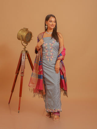 Bluish Grey Bangalore Silk Kurta with Aari Work, Magenta Bottom & Chanderi Dupatta