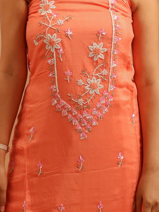 Peach Muslin Kurta with Hand Aari Work, Malai Cotton Bottom & Chiffon Dupatta