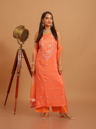 Peach Muslin Kurta with Hand Aari Work, Malai Cotton Bottom & Chiffon Dupatta