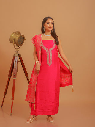 Fuchsia Khadi Silk Kurta with Aari Work, Santoon Bottom & Banarasi Dupatta