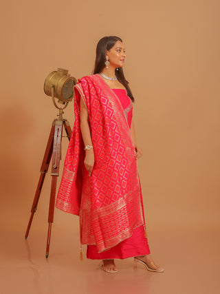 Fuchsia Khadi Silk Kurta with Aari Work, Santoon Bottom & Banarasi Dupatta