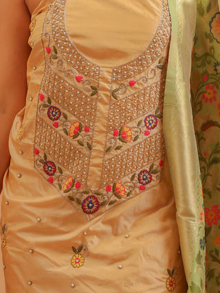 Golden Beige Bangalore Silk Kurta with Aari Work, Matching Bottom & Pistachio Green Banarasi Dupatta