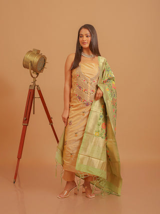 Golden Beige Bangalore Silk Kurta with Aari Work, Matching Bottom & Pistachio Green Banarasi Dupatta