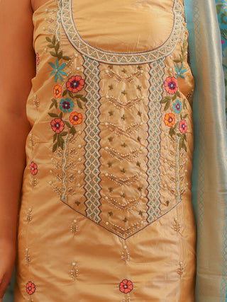 Light Beige Bangalore Silk Kurta with Aari Work, Matching Bottom & Turquoise Banarasi Dupatta