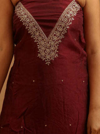 Wine Khadi Silk Kurta with Hand Aari Embroidery, Santoon Bottom & Banarasi Upada Dupatta
