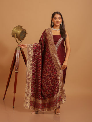 Wine Khadi Silk Kurta with Hand Aari Embroidery, Santoon Bottom & Banarasi Upada Dupatta