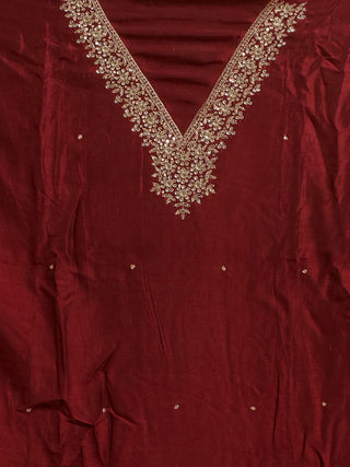 Wine Khadi Silk Kurta with Hand Aari Embroidery, Santoon Bottom & Banarasi Upada Dupatta