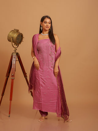Dark Mauve Muslin Kurta with Aari Work, Wine Lower & Ombre Chiffon Dupatta