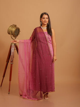 Dark Mauve Muslin Kurta with Aari Work, Wine Lower & Ombre Chiffon Dupatta