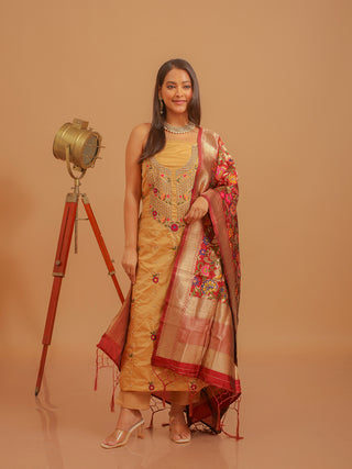 Golden Beige Bangalore Silk Kurta with Hand Aari Work, Matching Bottom & Maroon Banarasi Dupatta