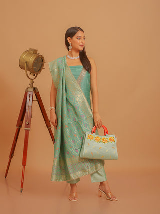 Teal Khadi Silk Kurta with Hand Aari Work, Santoon Bottom & Green Banarasi Dupatta