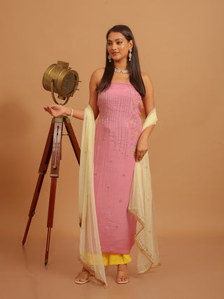 Pink Crepe Silk Kurta with Aari Work, Yellow Bottom & Chiffon Dupatta