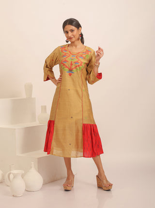 Light Gold Bengal Handloom Cotton Silk Dress with Jamdani Yoke And Ikkat Accents