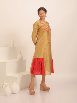 Light Gold Bengal Handloom Cotton Silk Dress with Jamdani Yoke And Ikkat Accents