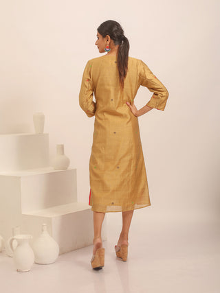 Light Gold Bengal Handloom Cotton Silk Dress with Jamdani Yoke And Ikkat Accents
