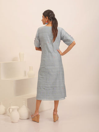 Powder Blue Bengal Handloom Cotton Silk Dress with Jamdani Yoke And Ikkat Accents