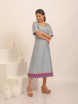 Powder Blue Bengal Handloom Cotton Silk Dress with Jamdani Yoke And Ikkat Accents