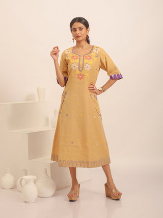 Light Gold Bengal Handloom Cotton Silk Dress with Jamdani Yoke And Ikkat Accents