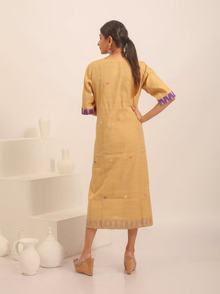 Light Gold Bengal Handloom Cotton Silk Dress with Jamdani Yoke And Ikkat Accents