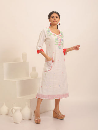 White Bengal Handloom Cotton Silk Dress with Jamdani Yoke And Red Ikkat Trims