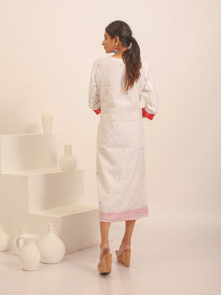 White Bengal Handloom Cotton Silk Dress with Jamdani Yoke And Red Ikkat Trims