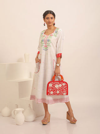 White Bengal Handloom Cotton Silk Dress with Jamdani Yoke And Red Ikkat Trims