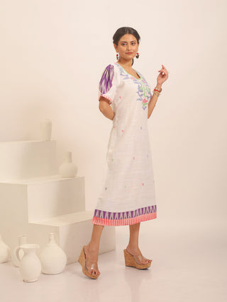 White Bengal Handloom Cotton Silk Dress with Jamdani Yoke And Ikkat Accents