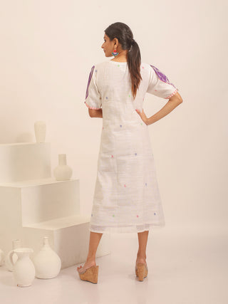 White Bengal Handloom Cotton Silk Dress with Jamdani Yoke And Ikkat Accents
