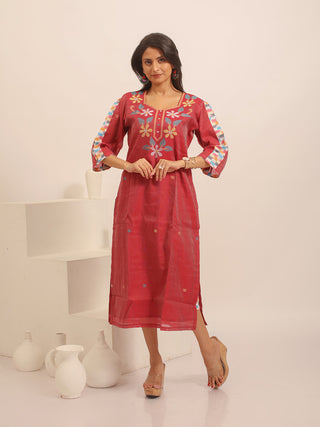 Wine Colour Bengal Handloom Cotton Silk Dress with Jamdani Yoke & Ikkat Accents