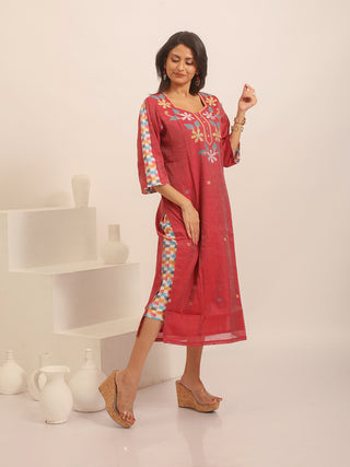Wine Colour Bengal Handloom Cotton Silk Dress with Jamdani Yoke & Ikkat Accents