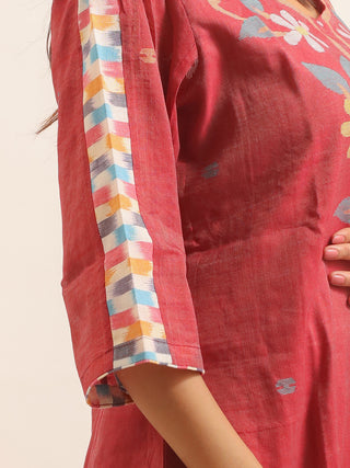 Wine Colour Bengal Handloom Cotton Silk Dress with Jamdani Yoke & Ikkat Accents