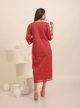 Wine Colour Bengal Handloom Cotton Silk Dress with Jamdani Yoke & Ikkat Accents
