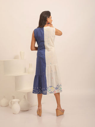 Off-White and Indigo Blue Bengal Handloom Mul Cotton Dress with Kantha Embroidery