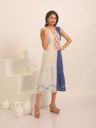 Off-White and Indigo Blue Bengal Handloom Mul Cotton Dress with Kantha Embroidery