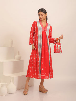 Red, White And Grey Bengal and Ikkat Handloom Cotton Flared Dress With Embroidered Front Panel