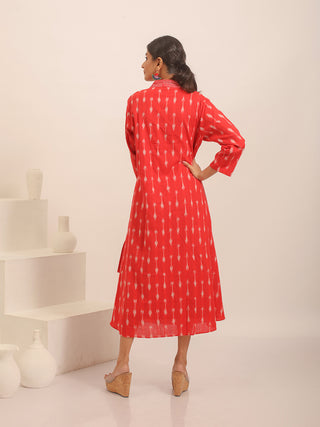 Red, White And Grey Bengal and Ikkat Handloom Cotton Flared Dress With Embroidered Front Panel