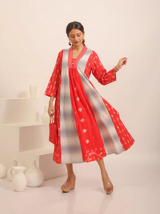 Red, White And Grey Bengal and Ikkat Handloom Cotton Flared Dress With Embroidered Front Panel