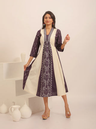 Navy Blue And Off-White Andhra Handloom Cotton Flared Dress with Embroidered Front Panel