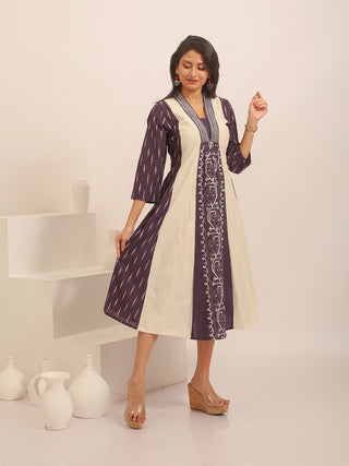 Navy Blue And Off-White Andhra Handloom Cotton Flared Dress with Embroidered Front Panel