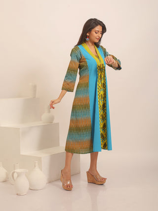 Multicolour Ikkat Handloom Cotton Flared Dress with Embroidered Front Panel