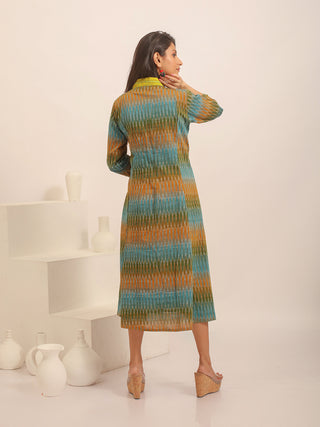Multicolour Ikkat Handloom Cotton Flared Dress with Embroidered Front Panel